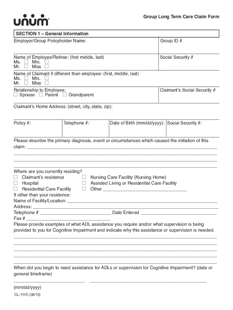 Unum Long Term Care Claim Form