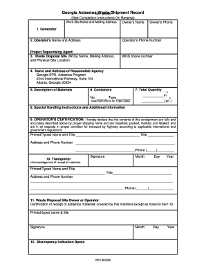 Georgia Asbestos Waste Shipment Record Revised Aug  Form