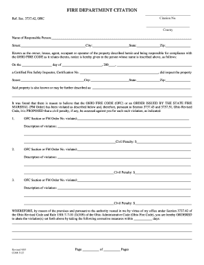 FIRE DEPARTMENT CITATION Com Ohio  Form