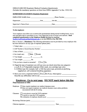 N95 Respirator Medical Evaluation Questionnaire Uams  Form