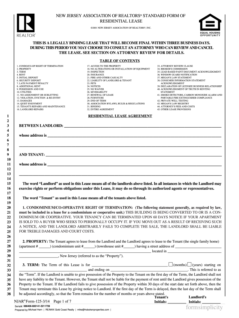 NEW JERSEY ASSOCIATION of REALTORS STANDARD FORM of RESIDENTIAL LEASE NEW JERSEY ASSOCIATION of REALTORS , INC