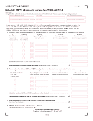 201431 Schedule M1W, Minnesota Income Tax Withheld Sequence #2 Complete This Schedule to Report Minnesota Income Tax Withheld Re  Form