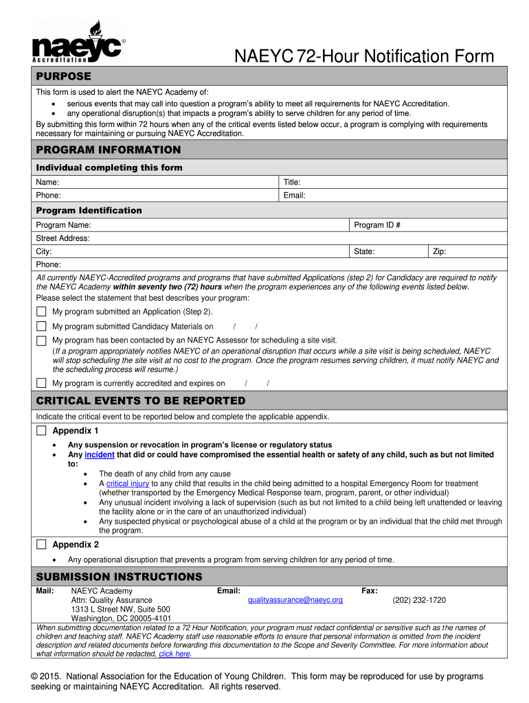 Naeyc 72 Hour Report  Form