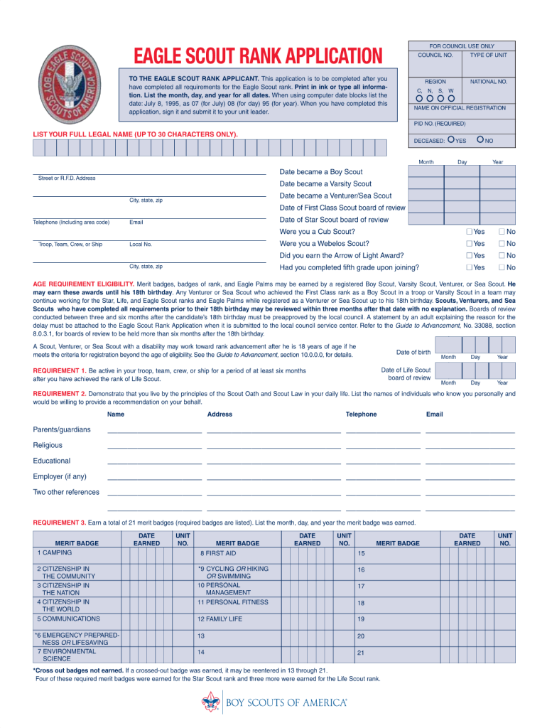 Eagle BScoutb Rank Application Boy BScoutsb of America Scouting  Form