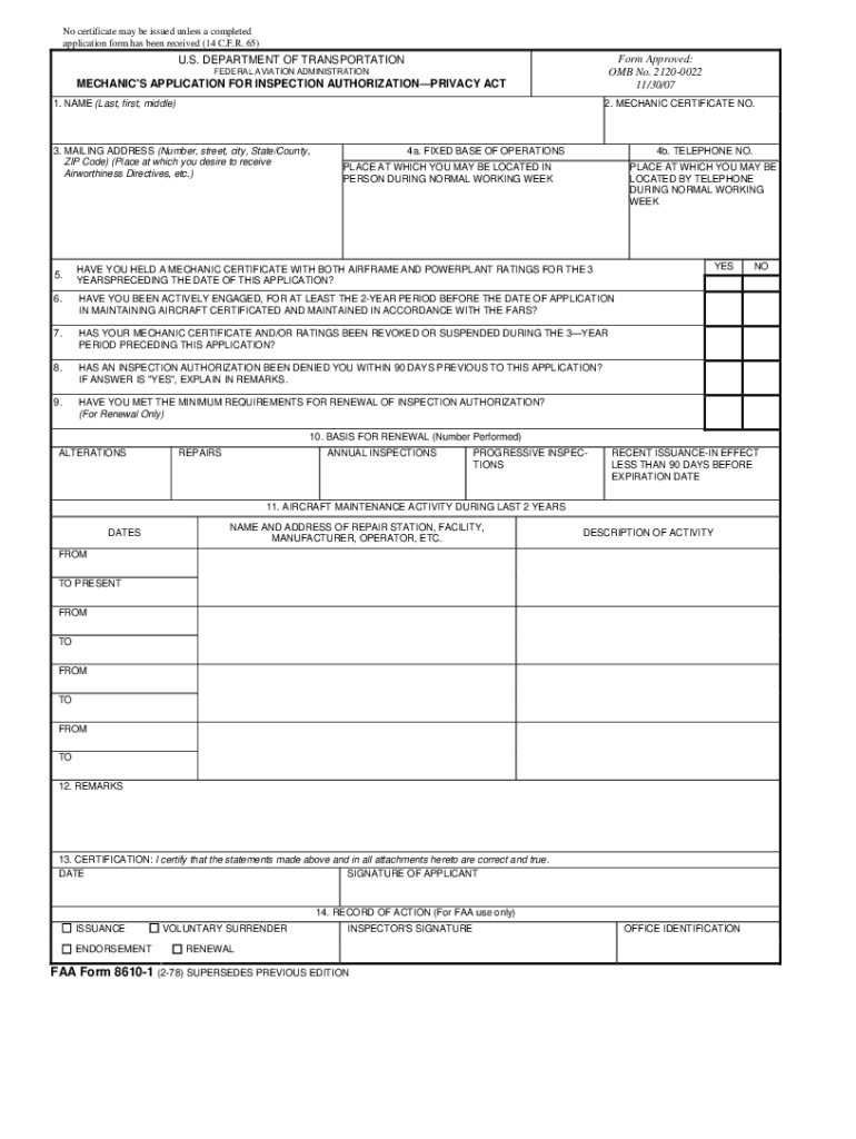  Faa Form 8610 1 Fillable 1978 1978