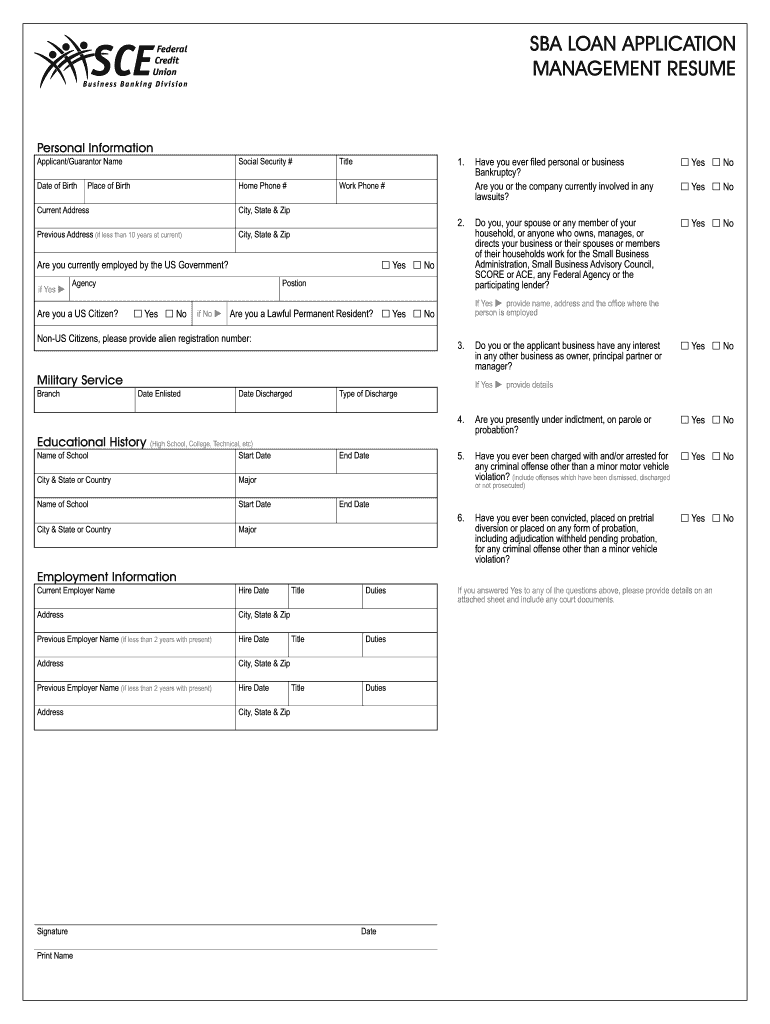 Sba Fillable Resume Form