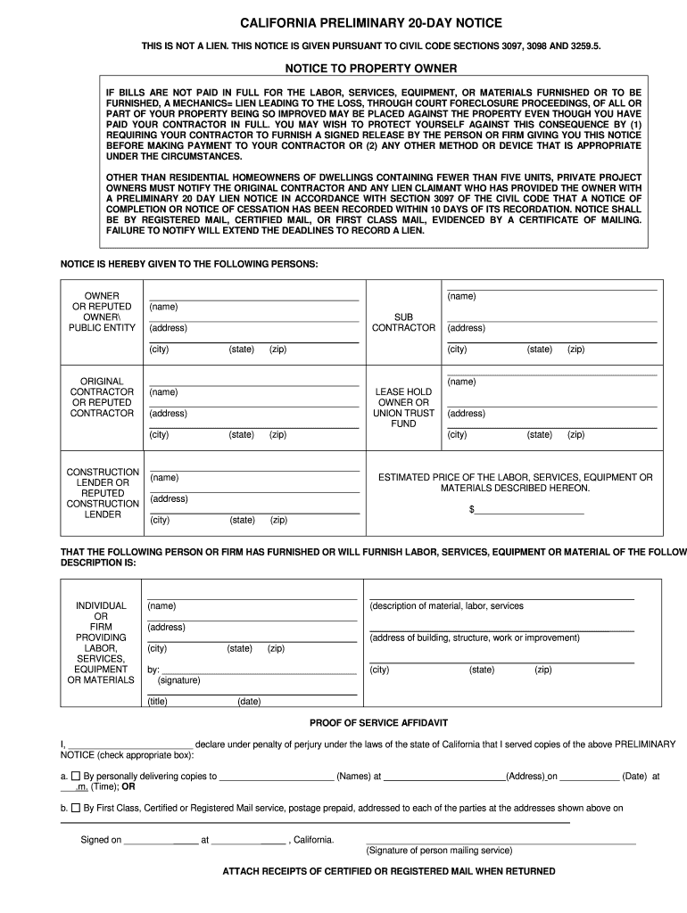 20 Day Preliminary Notice California Form