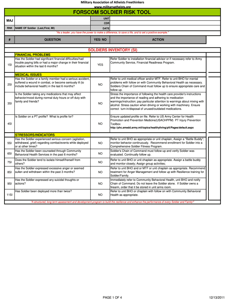  Forscom Soldier Risk Assessment Fillable Form 2012