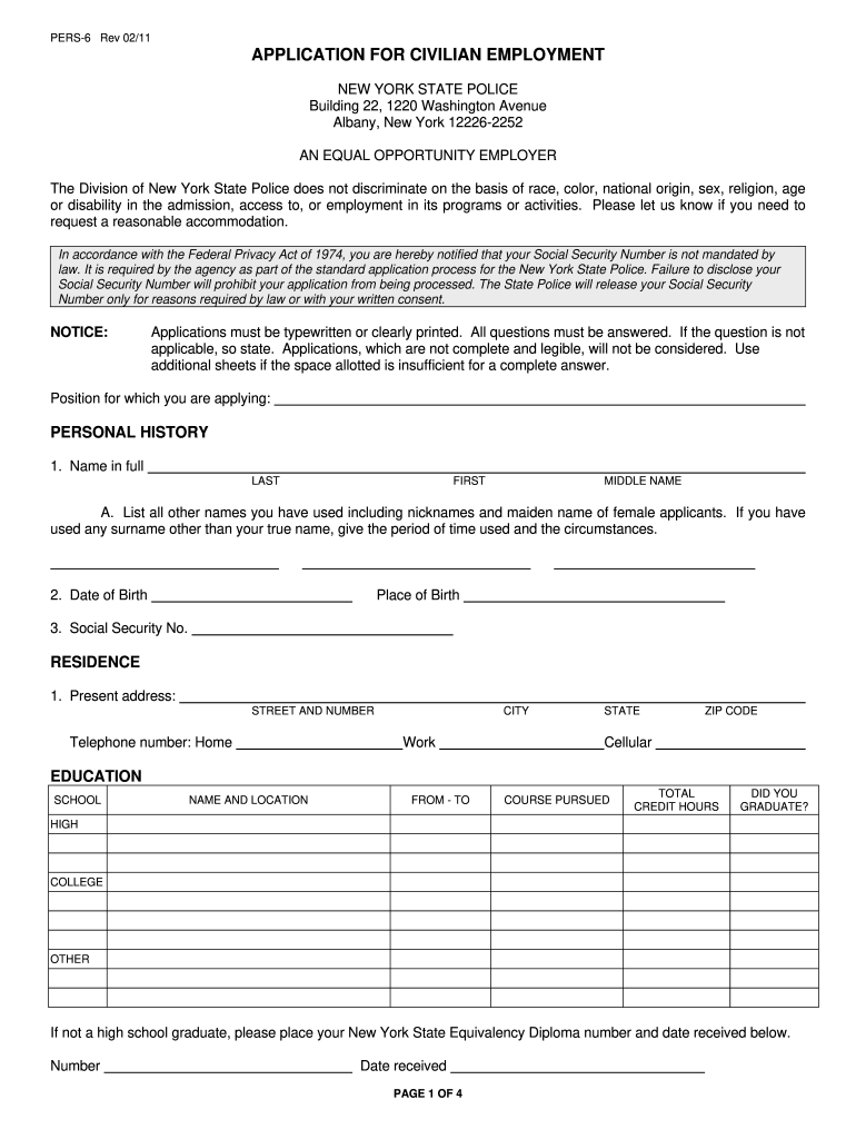 APPLICATION for CIVILIAN EMPLOYMENT Troopers Ny 2011-2025