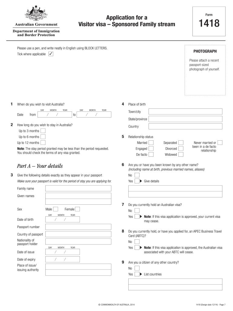  1418 Application for a Visitor Visa Form 2015