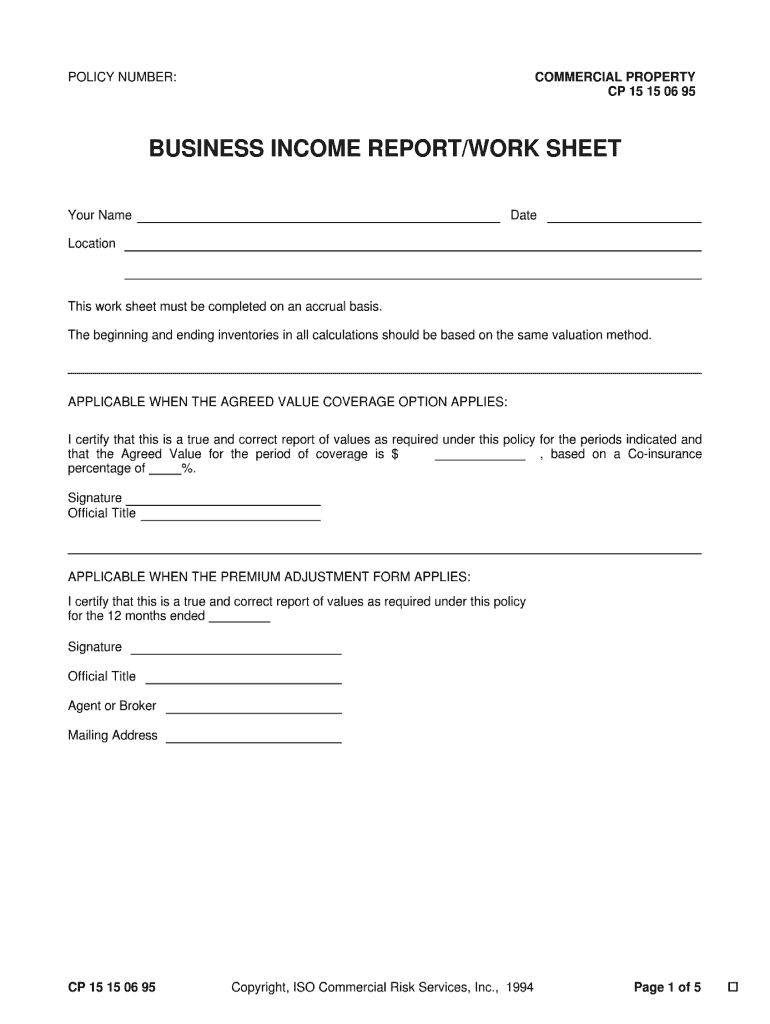 Business Income Worksheet Iso  Form