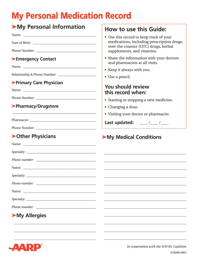 Personal Medication Record  Form