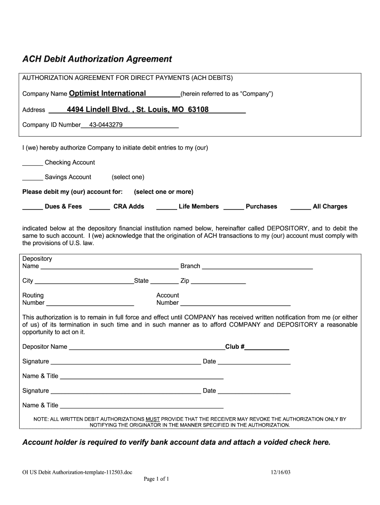  Ach Debit Authorization Agreement Form 2003-2024