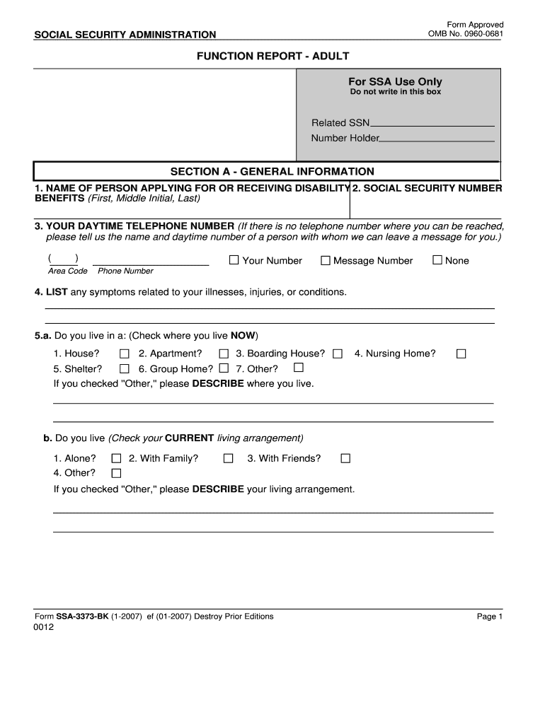  Function Report 0960 0681 Ssdi Form 2020