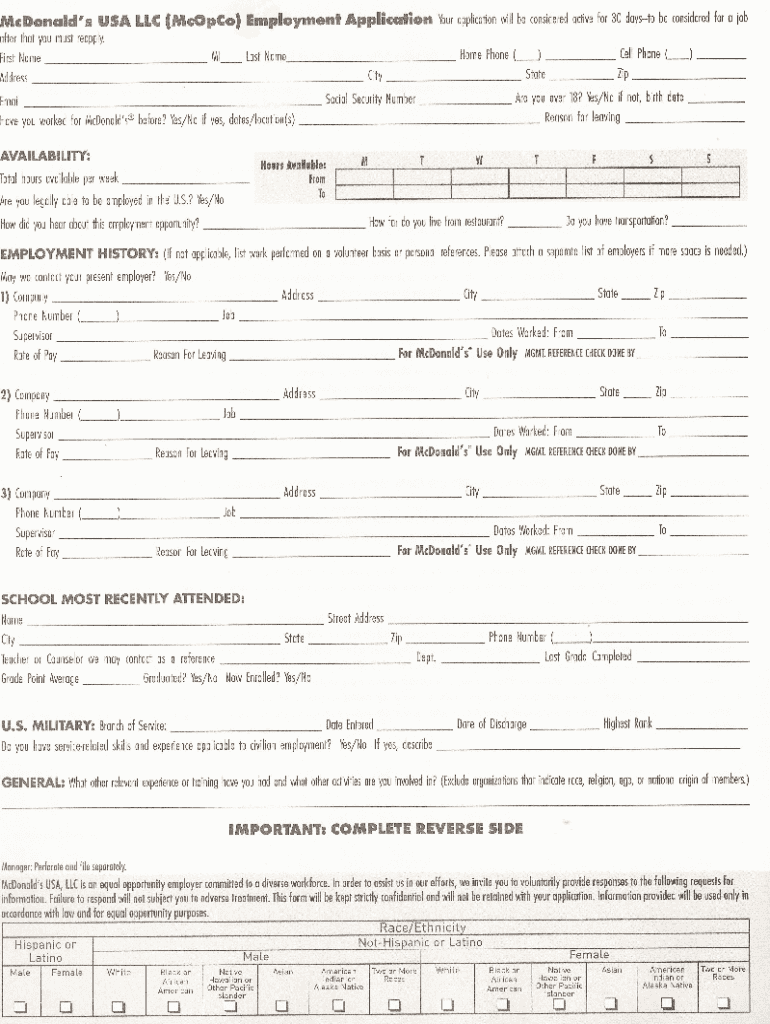 Mcdonald's Job Application Printable PDF  Form