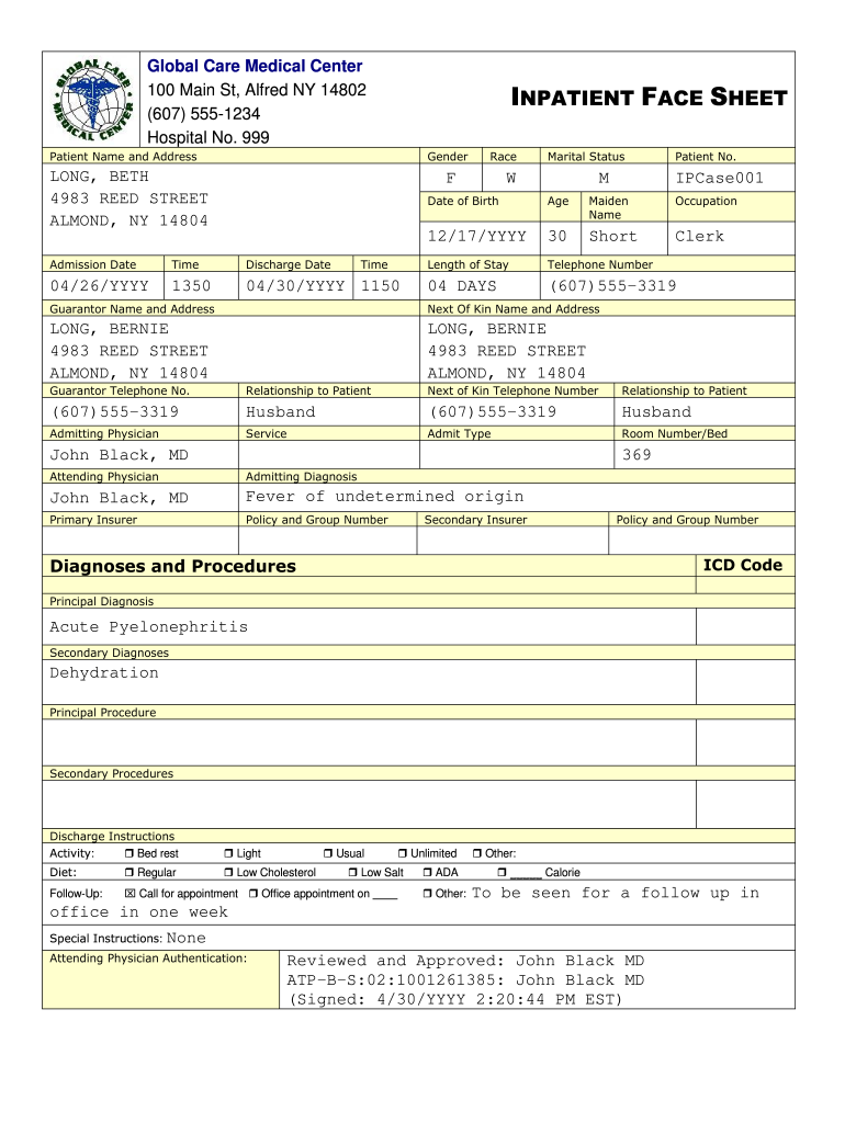 Face Sheet Nursing  Form