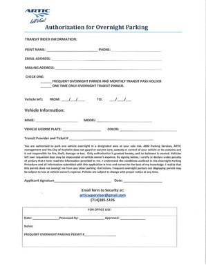 Artic Overnight Parking Form