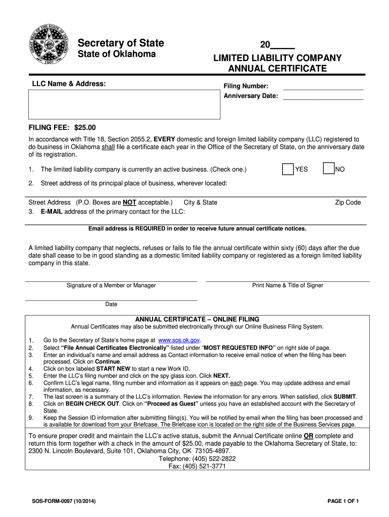  Oklahoma Sos Form 0097 2014-2024