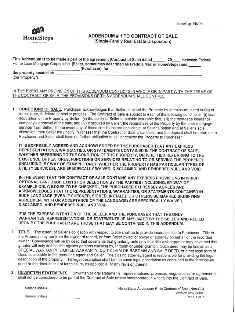  Freddie Mac Addendum to Contract of Sale Form 2006