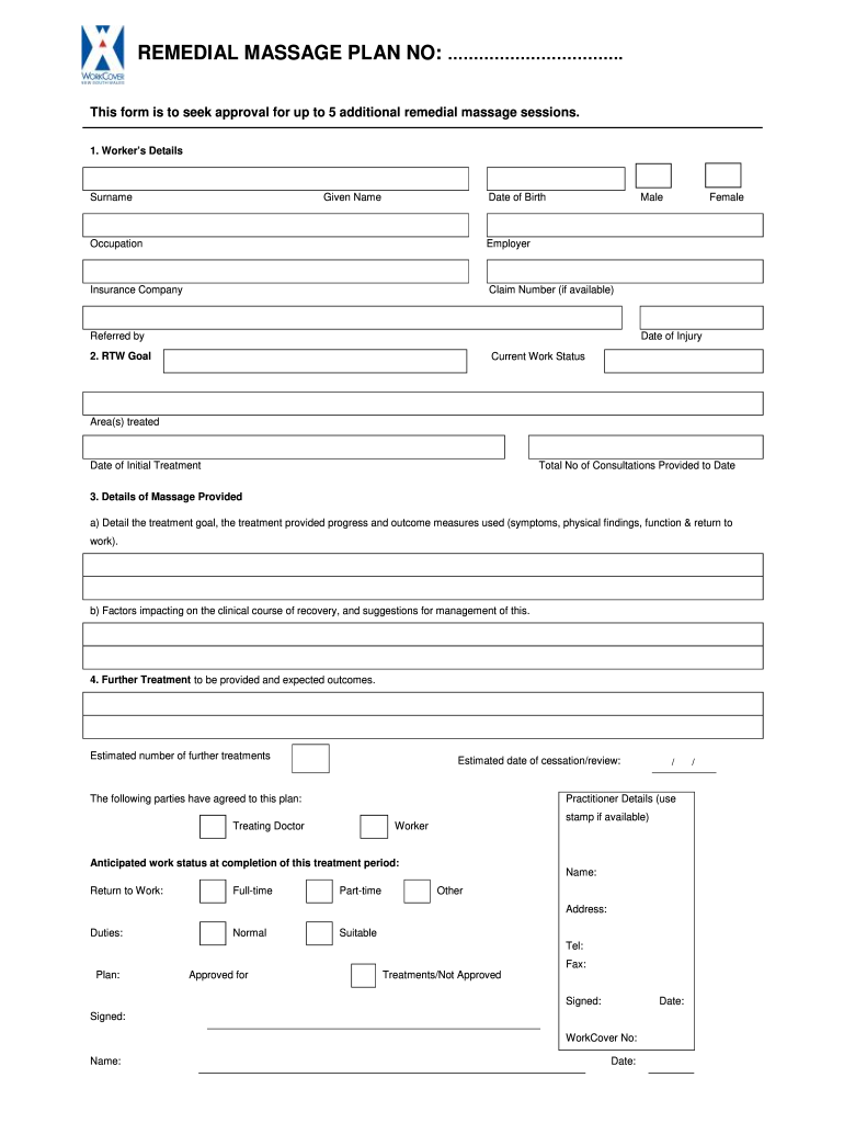 Remedial Massage Treatment Plan  Form