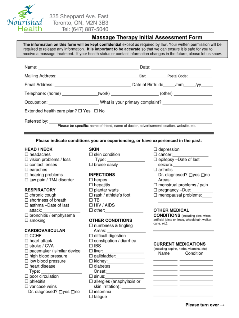 Massage Therapy Initial Assessment Form