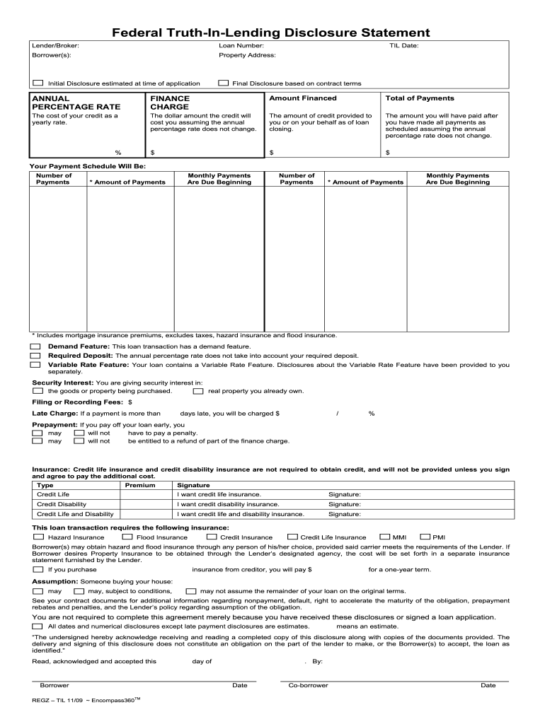 Truth in Lending Excell Form 2009-2025