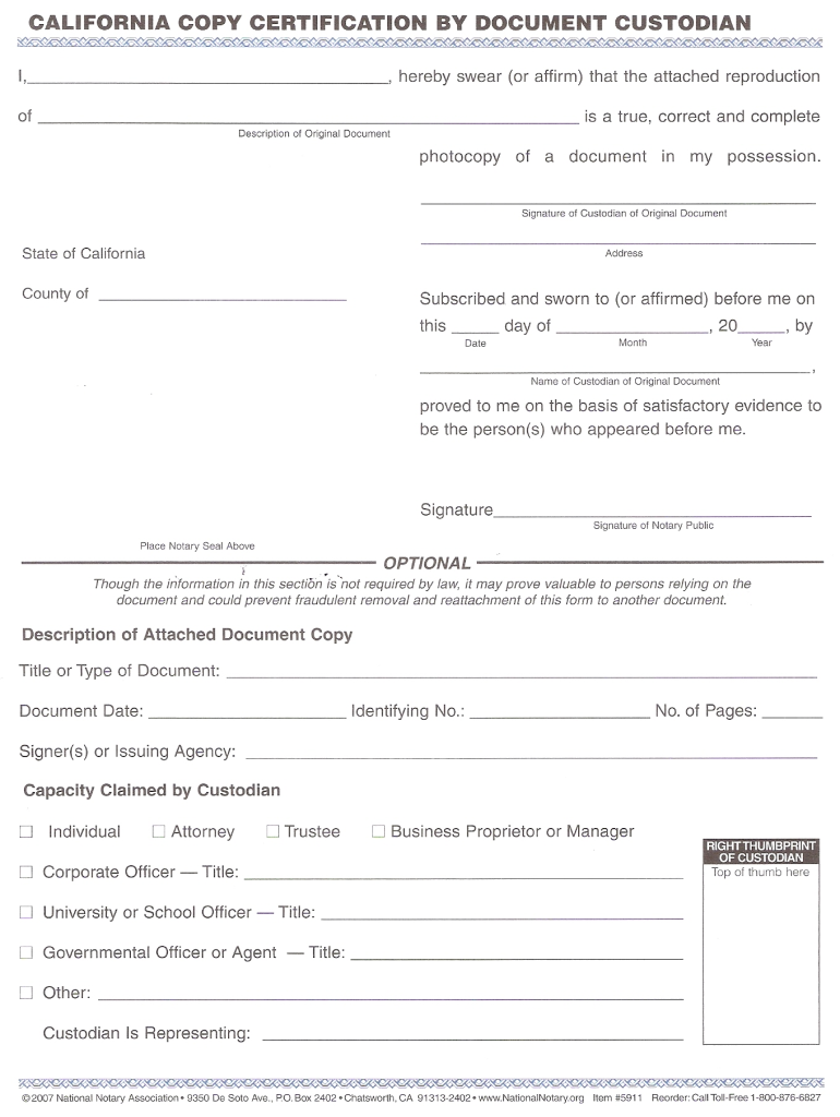 Copy Certification by Document Custodian PDF  Form
