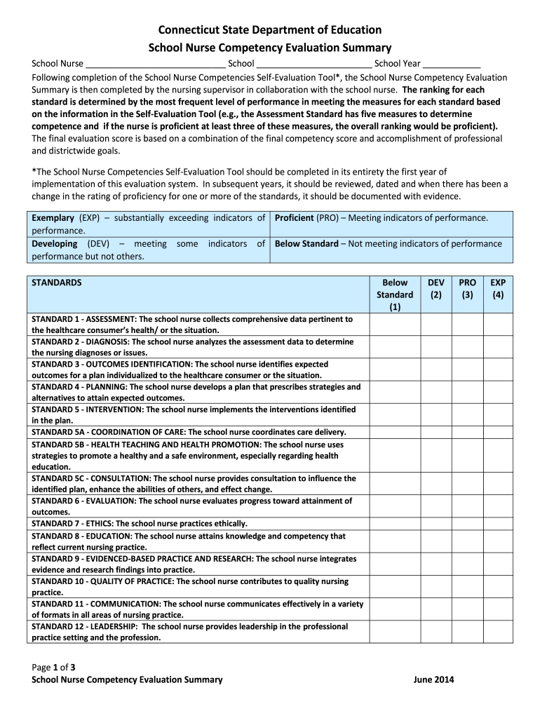 Get and Sign Connecticut State Department of Education School Nurse Competency Evaluation Summary School Nurse School School Year Following C 2014-2022 Form