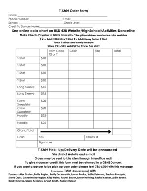 T Shirt Order Form See Online Color Chart on USD 428 Website