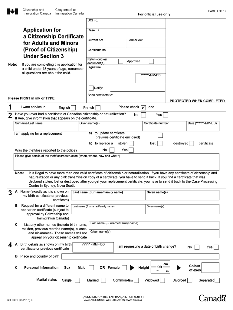  CIT 0001 E Application for a Citizenship Certificate Proof of Cic Gc 2020