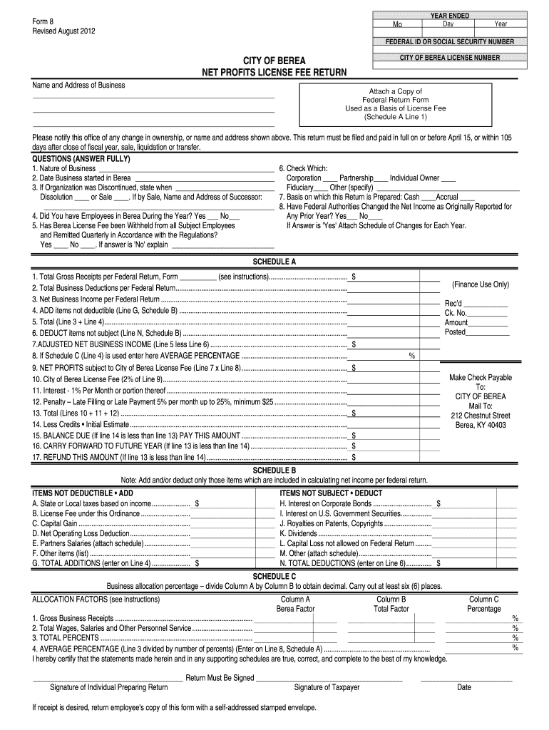 City of Berea Net Profit License Fee Return  Form