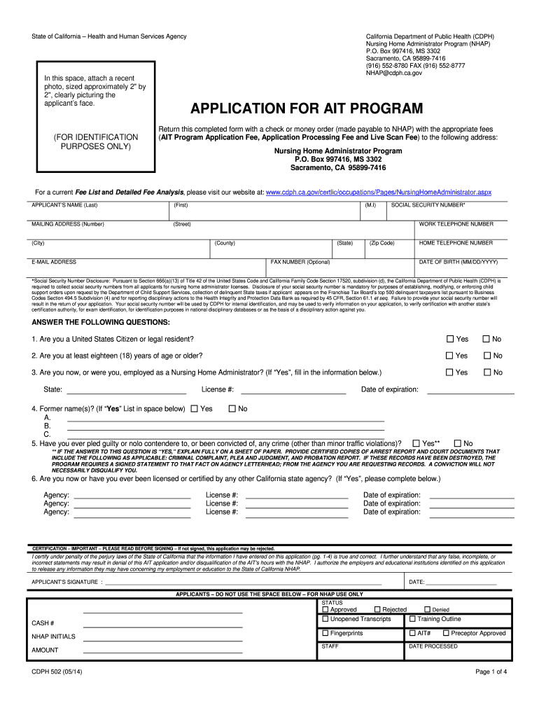  Application for AIT Program CDPH 502  Cdph Ca 2014