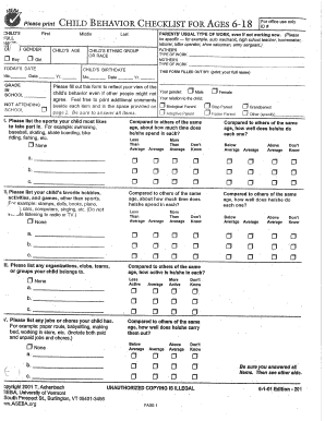 Please Print CHILD BEHAVIOR CHECKLIST for AGES 6 18 E&#039;t Manuals Sp Chfs Ky  Form