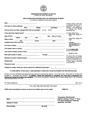  TENNESSEE DEPARTMENT of HEALTH OFFICE of VITAL RECORDS APPLICATION for CERTIFIED COPY of CERTIFICATE of BIRTH La Versi N En Espa 2019