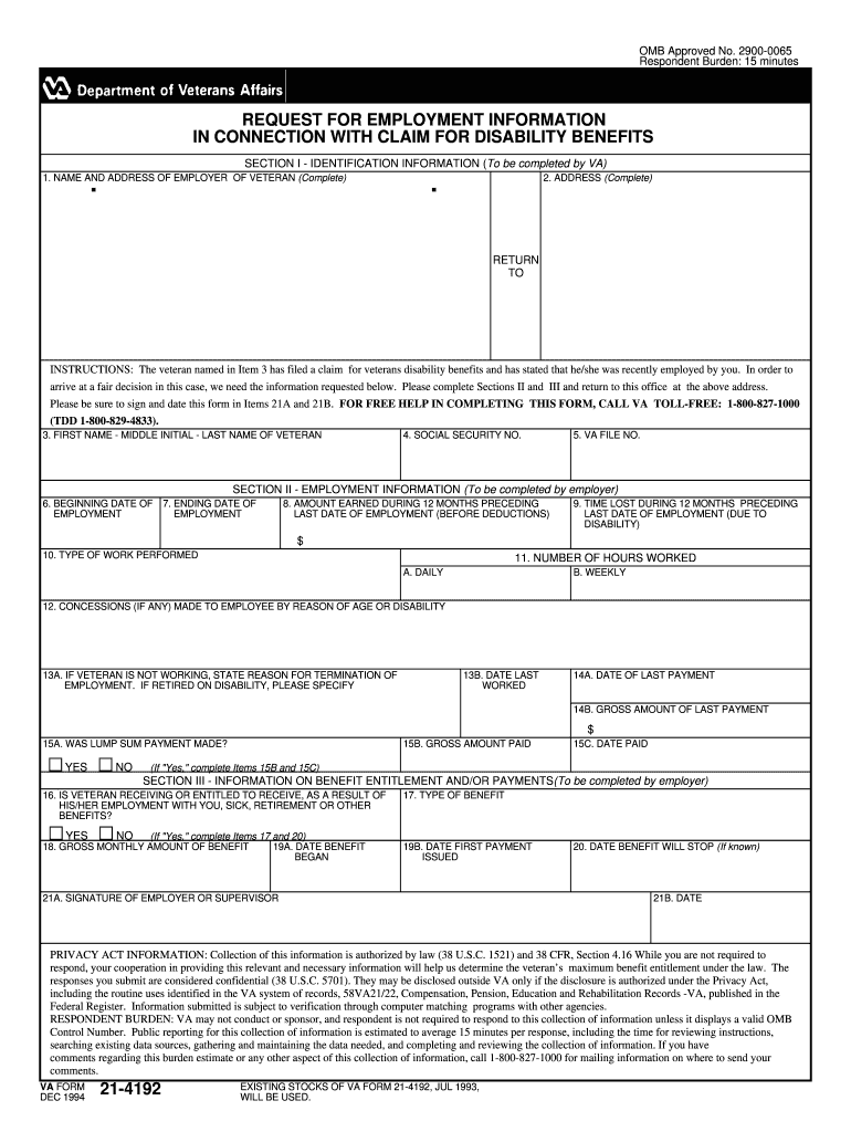  Va Form 21 4192 2017