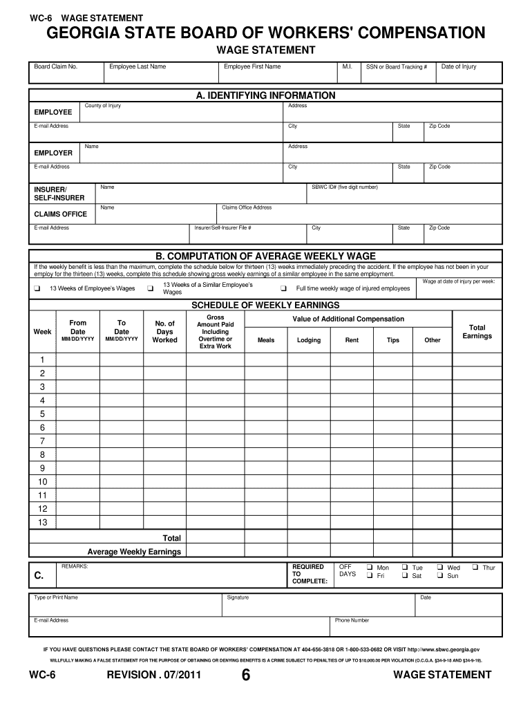  Georgia Wc 6 Fillable 2011-2024