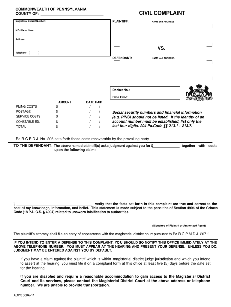 Civil Complaint Form Pa