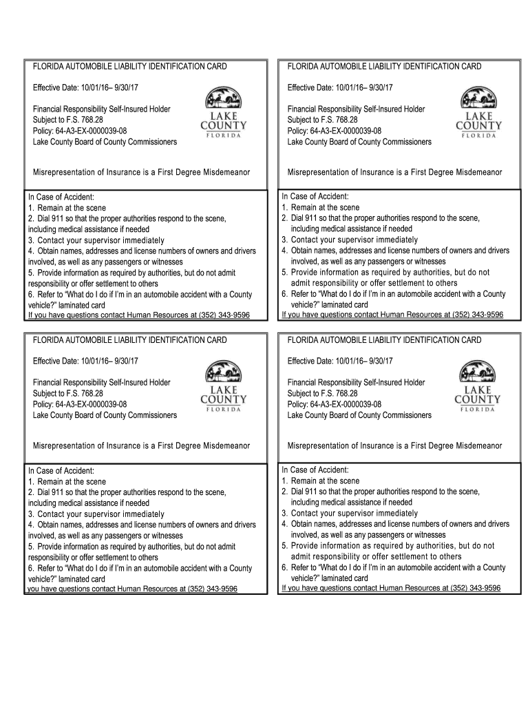 Florida Automobile Insurance Identification Card  Form