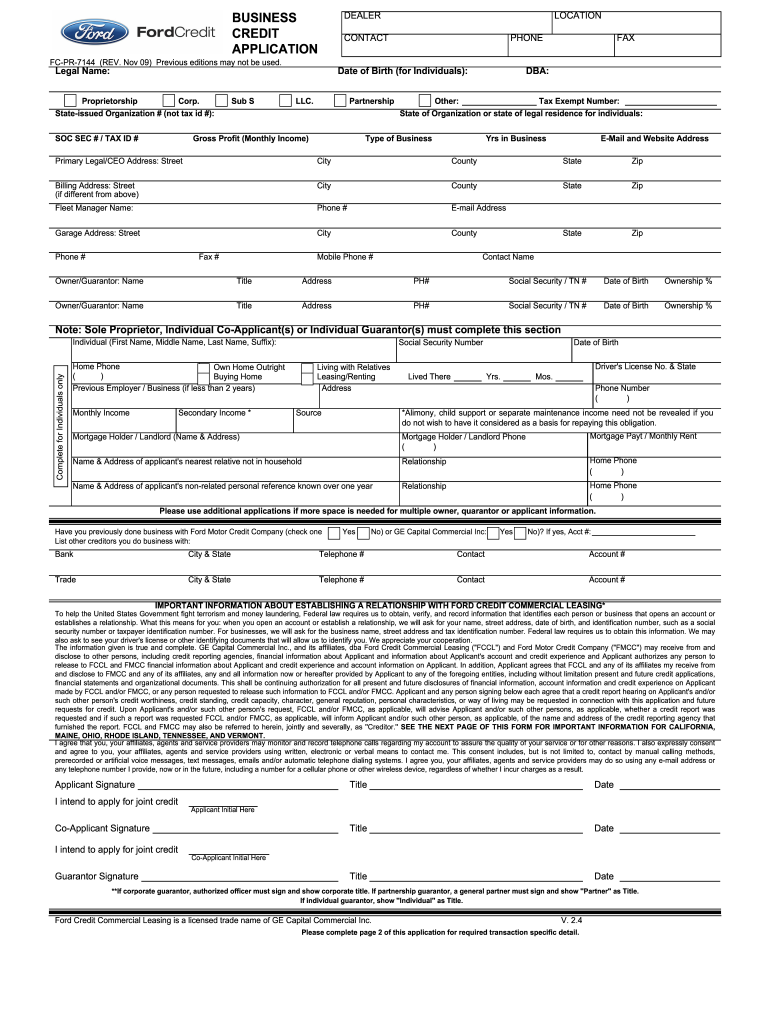 Ford Business Credit Application  Form