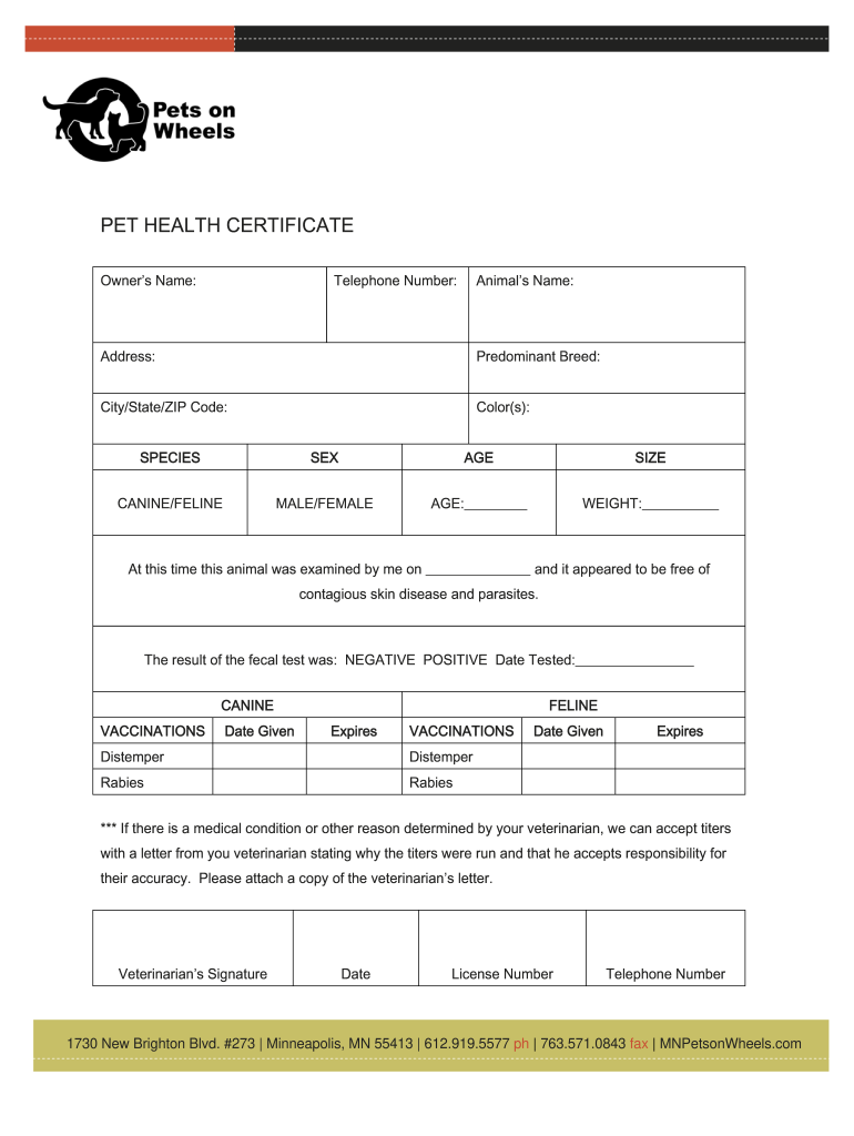 Pet Health Certificate Online  Form