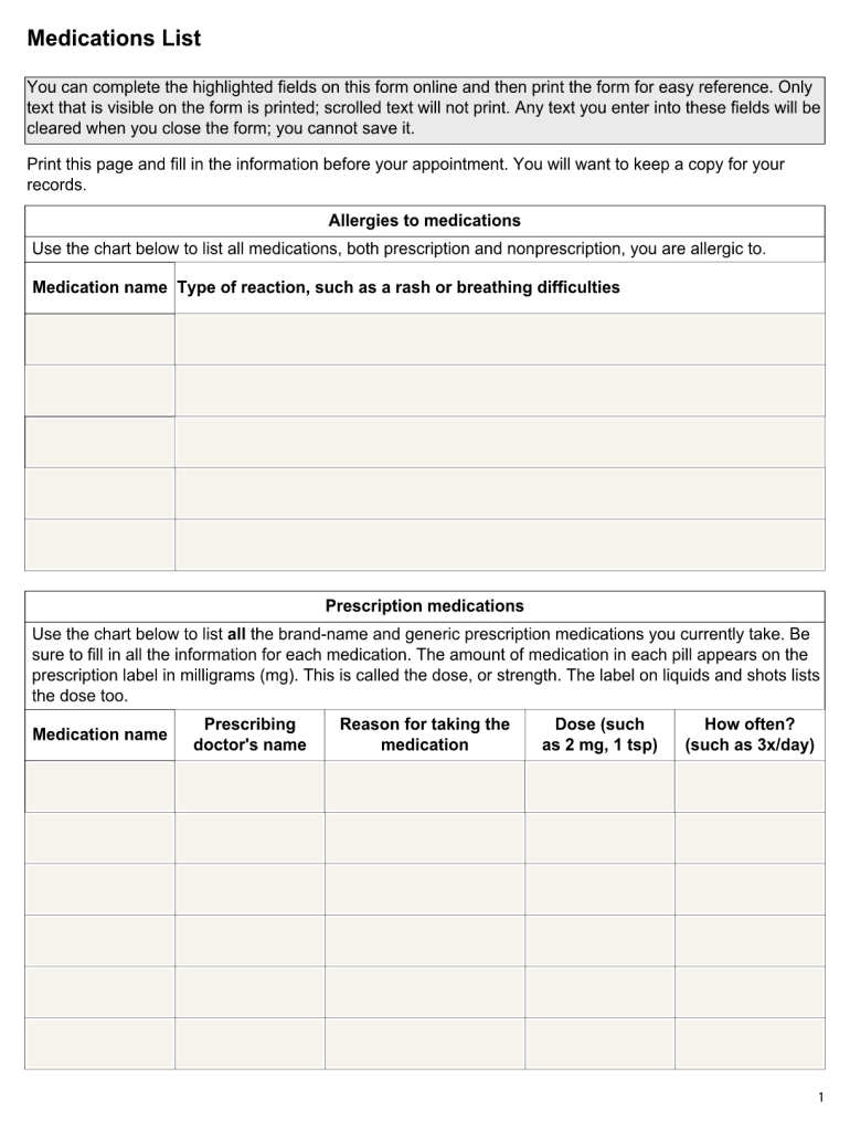 Medications List  Form