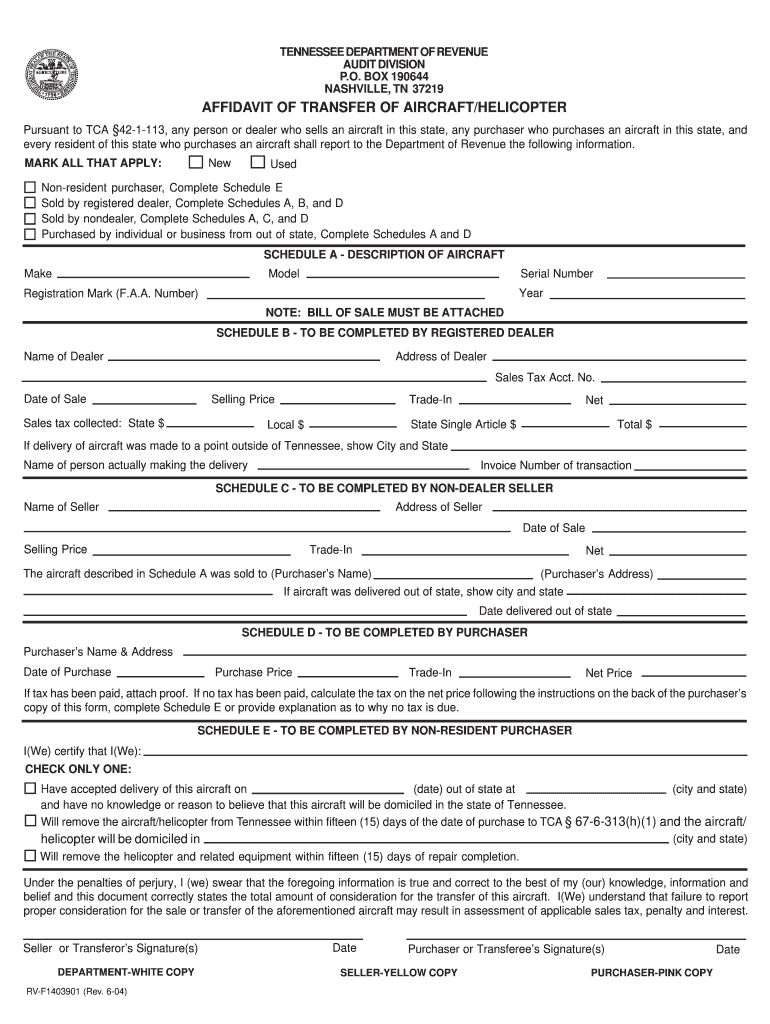 Affidavit of Transfer of Aircrafthelicopter  State of Tennessee  Tn  Form