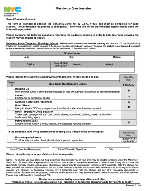 Residency Questionnaire W Codes OFFICIAL July 09 Schools Nyc  Form