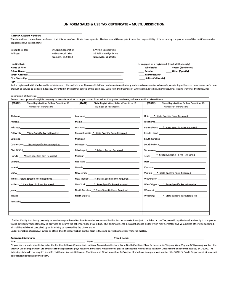 SYNNEX Corporation Multijurisdiction Resale Certificate 07 01 13pdf  Form