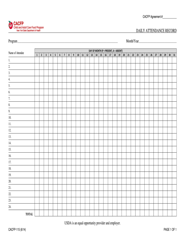 Cacfp Daily Attendance Record  Form