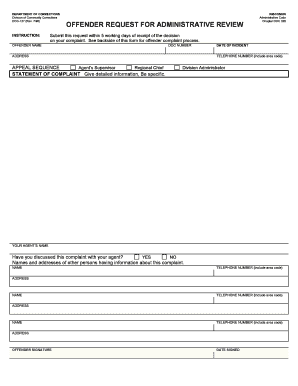 DOC 0127 Offender Request for Administrative Review Wisconsin  Form