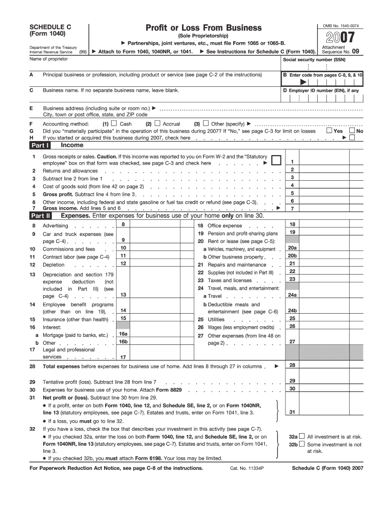  Schedule C Tax Form 2007