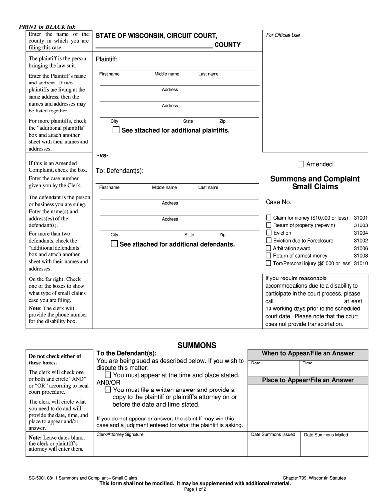  Summons and Complaint Form Sc 2011
