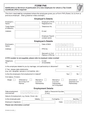 Form P46 Notification to Revenue of Particulars of a New Employee Revenue