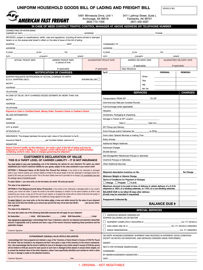 Local Moving Bill of Lading  Form